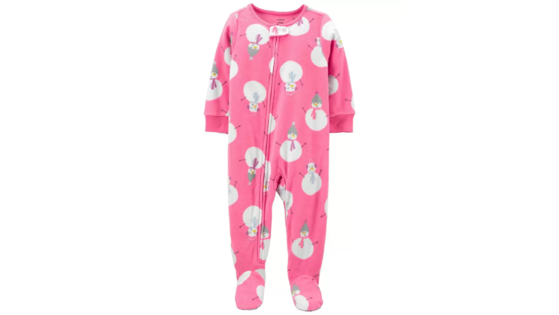 An image of a pink onesie with footies and snowman print.