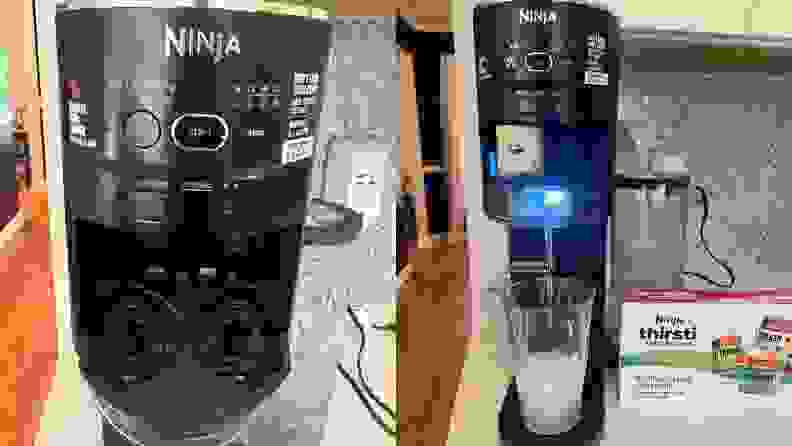 Left: Close-up of Ninja Thirsti control panel. Right: Thirsti brewing a cup of lemon-flavored water.