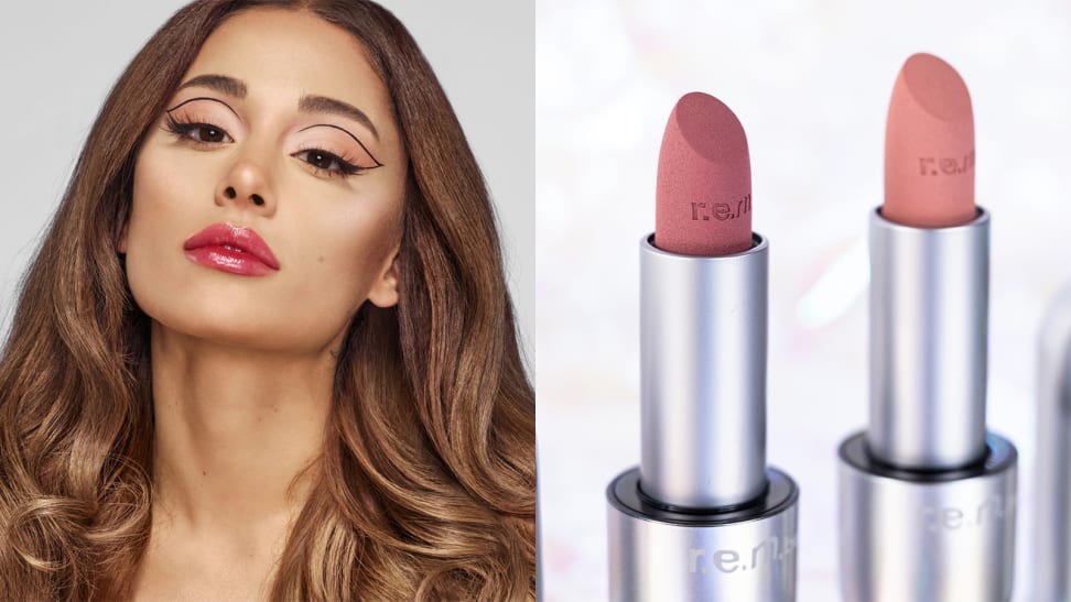 On the left: Ariana Grande looking at the camera. On the right: Two lipsticks uncapped.