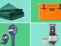 Four images arranged in a divided rectangle. Images on colored background show a green gravity weighted cooling blanket, an orange yeti cooler, a blue handheld fan, and a ninja creami