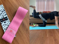 two booty bands, woman doing an exercise with booty band