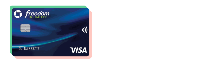 一张蓝色的大通自由无限信用卡，上面有绿色和粉色的边框