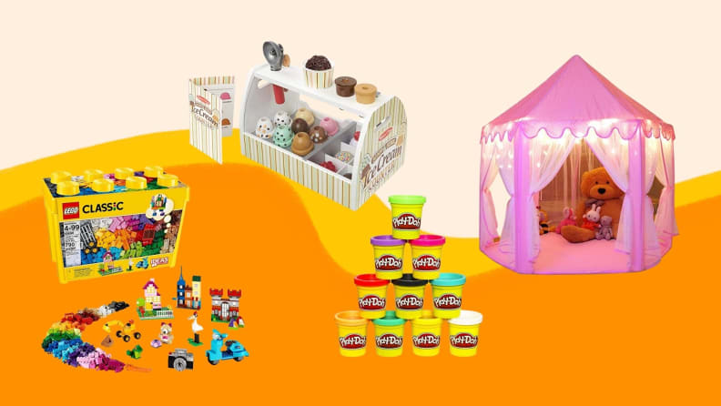 pink tent, stack of playdough, lego set, wooden ice cream stand