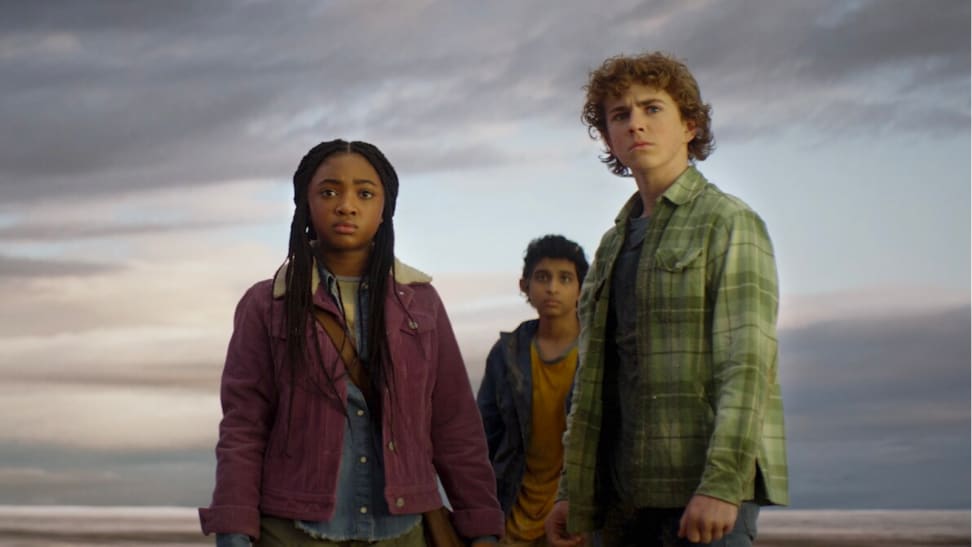 The young cast members playing Annabeth (Leah Jeffries), Grover (Aryan Simhadri), and Percy (Walker Scobell) in "Percy Jackson and the Olympians" on Disney+.
