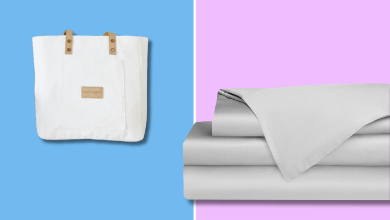 A set of Cozy Earth sheets and the reusable tote bag they ship in against a blue and purple background.