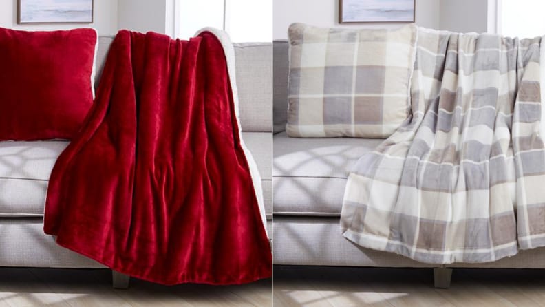 Two images of fleece blanket and pillow sets next to one another, the first in deep, rich red, the second in a pale grey plaid.