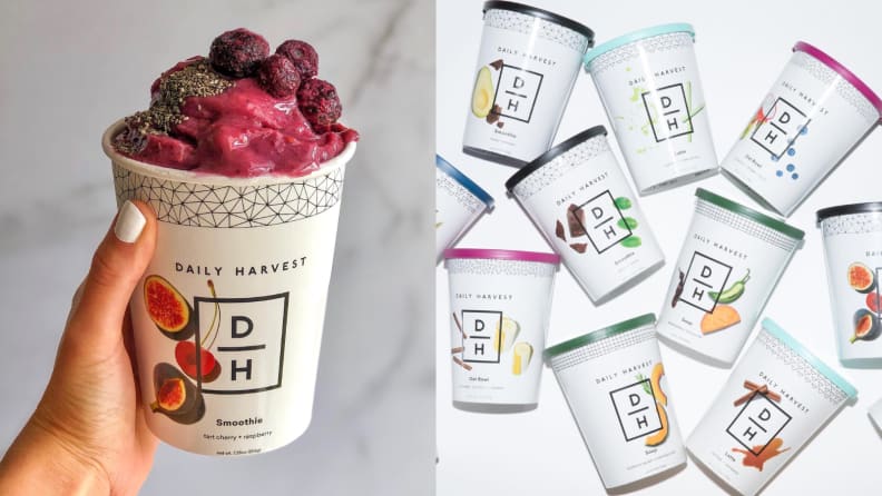 On the left, a person is holding a cup of Daily Harvest smoothie filled with frozen berries and figs; on the right, a handful of cups of Daily Harvest smoothies are on display.