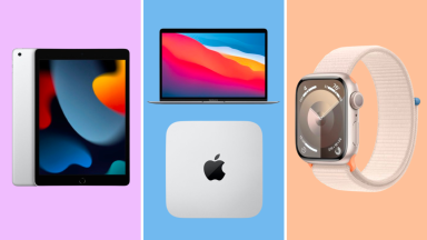 A collection of Apple products in front of colored backgrounds.