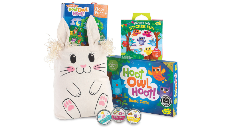 A bunny Easter bag full of games and toys