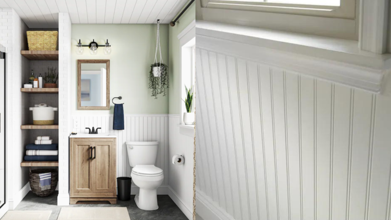 On left, modern styled bathroom. On right, white panel wall under window sill.