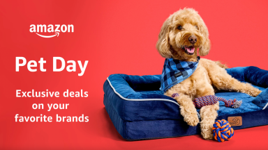 Dog on dog bed against red background with text advertising Amazon Pet Day