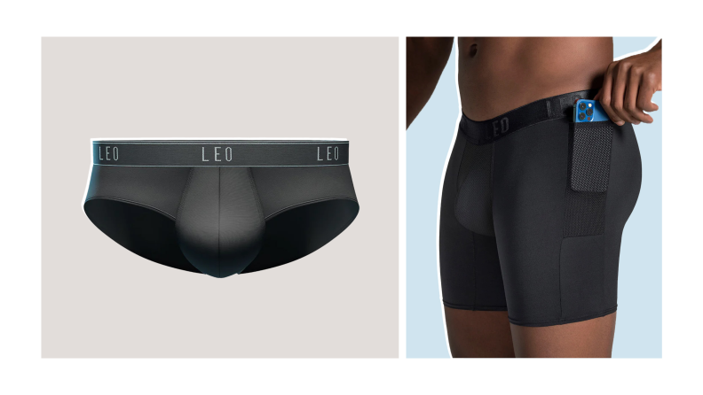 Collage image of a pair of black briefs against a gray background, and a detail shot of a model wearing black boxer briefs that have a mesh pocket on the side. The model is putting a phone into the pocket.