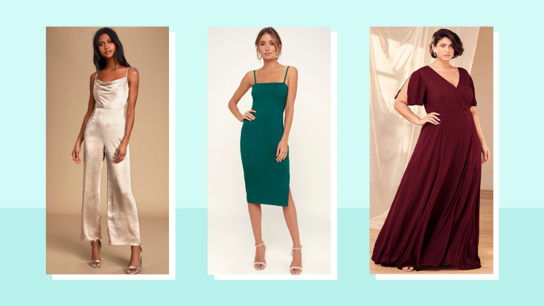 Collage of three Lulus wedding guest dresses: one is a white jumpsuit, one is a green knee-length dress, and one is a floor-length gown in burgundy.