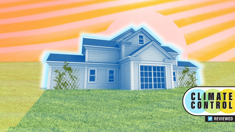 Cartoon graphic of suburban home surrounded by grass.