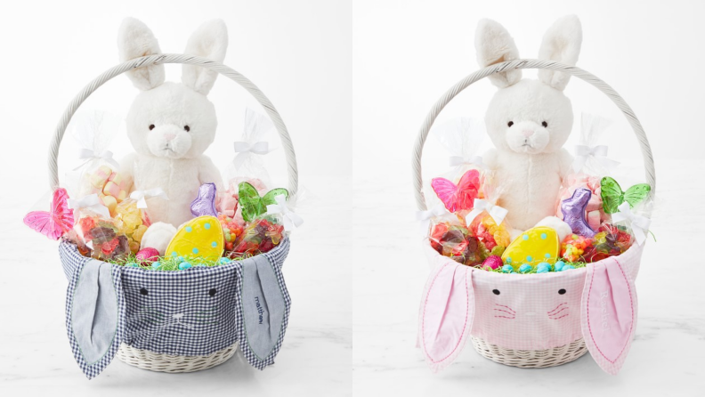 A gingham bunny Easter basket with candy and a white bunny stuffed animal.