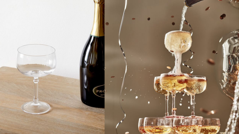 On the left, a singular shot of a champagne coupe. On the right, the same coupe stacked into a tower that's overflowing with champagne.