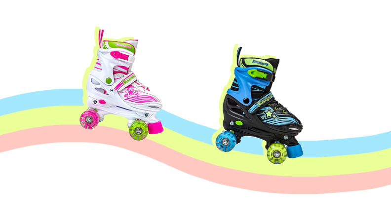 Two roller skates on a rainbow.