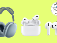 Three different Apple headphones on a yellow background