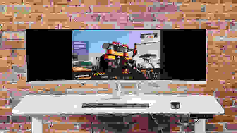 The Evnia 49M2C8900 displaying a game in a smaller resolution, resulting in black side screens.