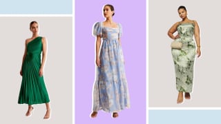 Three models: One wears a pleated green one-shoulder dress, one wears a blue floral gown with puff sleeves, and one wears a green floral silk print maxi dress.