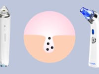 Two pore vacuums on a gray background with an illustration of a facial pore