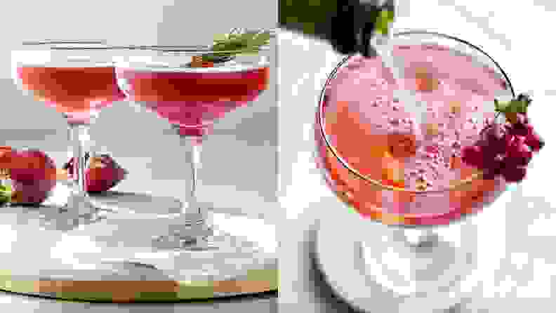 On left, two coupe glasses with a red cocktail in each. On right, sparkling wine being poured into a coupe glass.