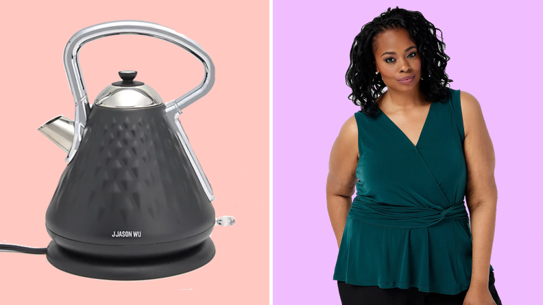 An image of a gray kettle alongside an image of a woman in a dark green peplum top.
