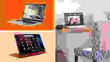 A colorful collage with three laptops.