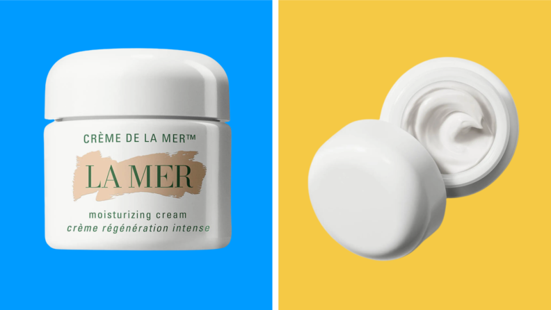 Two containers of Le Mer Moisturizing Crème on a blue and yellow background.