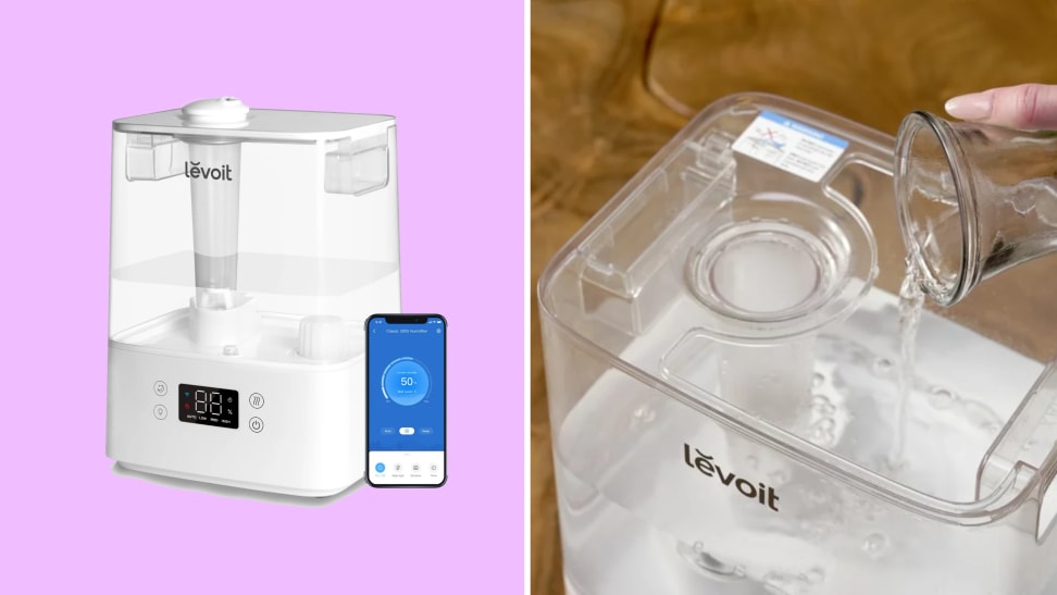 A collage with a Levoit humidifier next to a smartphone app and the humidifier being filled.