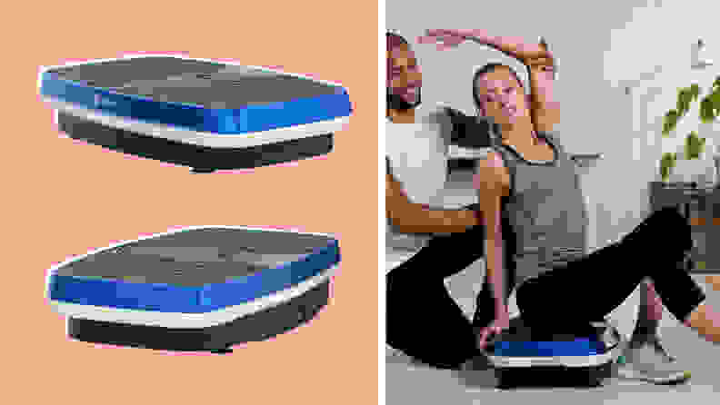 Photo collage of two Lifepro Hovert 3D Vibration Plates and a person sitting on top of the Lifepro Hovert 3D Vibration Plate while someone assists them in stretching their arms over their head.