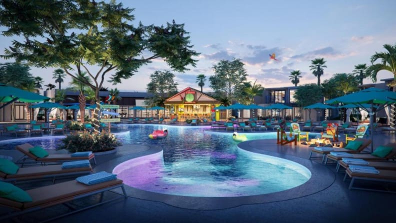 colorful resort pool at dusk