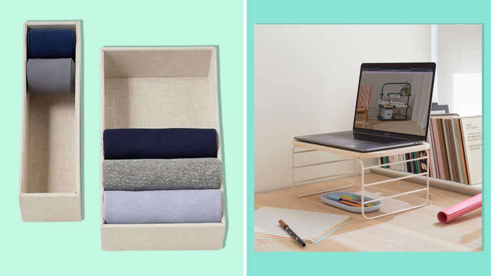 A selection of the best home organization products including Marie Kondo Linen Hikidashi Drawer and Open Spaces shelf risers on teal and light green background.