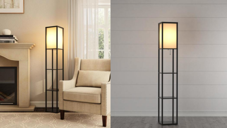 A lamp with three built-in shelves.