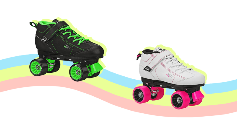 A black roller skate and a white roller skate on a rainbow.