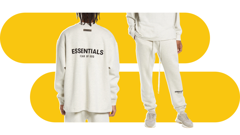Oatmeal-colored sweatsuit that is printed with black text that reads "Fear of God Essentials."