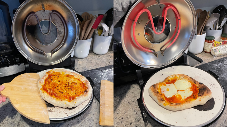 Two shots of two different pizzas prepared by the oven.