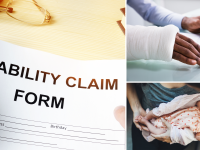Collage of disability form, person signing a document with a cast on their wrist, and a person holding an infant.
