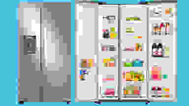 An image of two Samsung RS27T5200SR refrigerators in a void, one with its doors closed and one with its doors open, showcasing the interior.