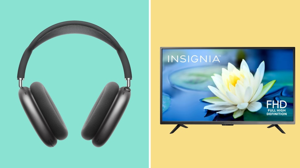 A colorful collage with Apple AirPods Max and an Insignia TV.