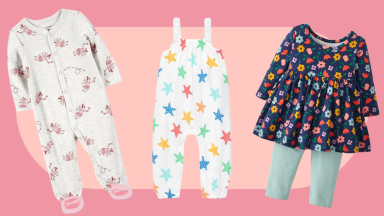 The best places to buy children's clothes including Carter’s, Primary and Hanna Andersson in front of a two-tone pink background.