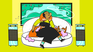 An illustration showing a person of color sitting on a white sofa with three orange pets and two air purifiers