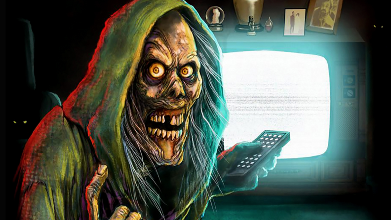 Illustration of a ghoulish, hooded figure hunching in front of a TV, holding a remote control with one hand and beckoning the viewer with the other.