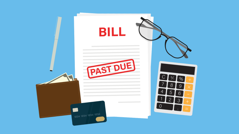 A cartoon of overdue bill statement, calculator, eyeglasses, wallet, pen, and credit card.