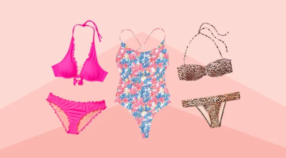 Three women's swimsuits in pink, floral pattern and cheetah print pattern.
