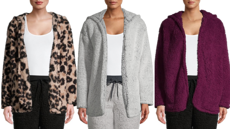 Three models show off Secret Treasures bed jackets: leopard print, gray, and purple.