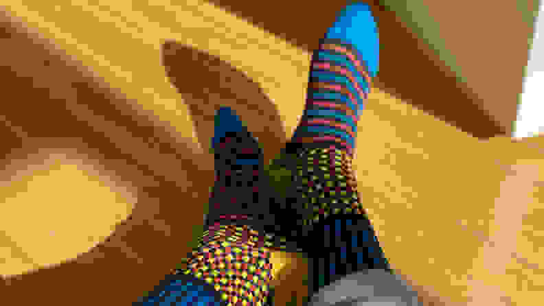 Funky socks on wood floor