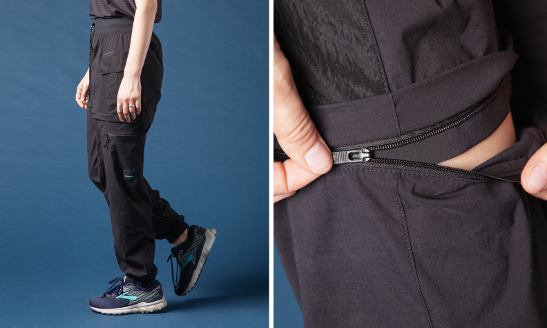 A pair of black Lululemon Hiking pants, a close up on the convertible zipper that changes the pants into shorts.