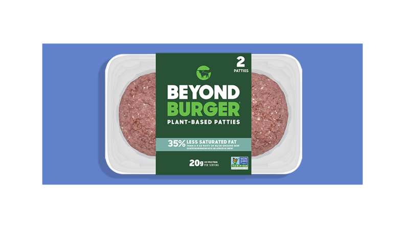 A package of two raw Beyond Burger patties.