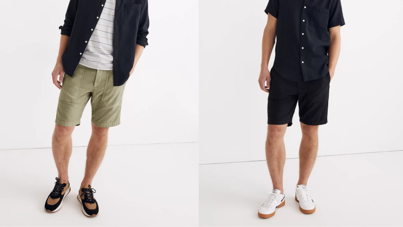 men wearing green and black madewell work shorts